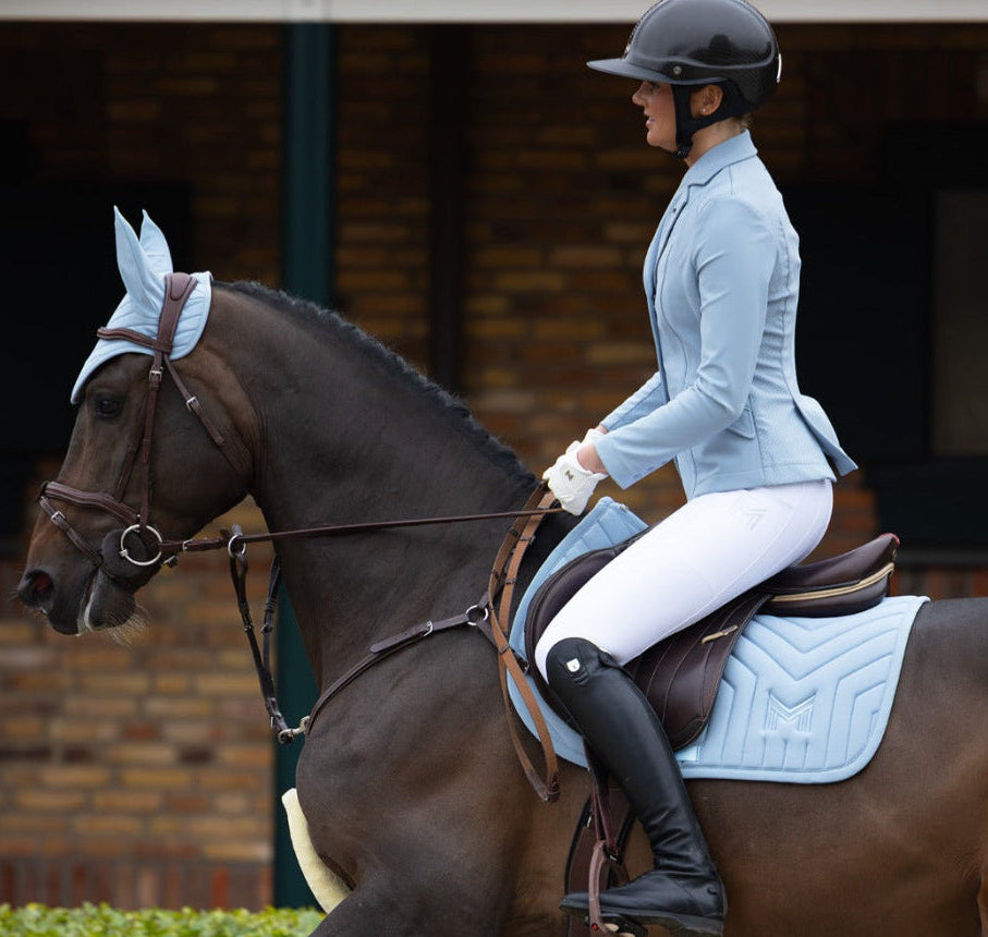 Person riding a horse in an outdoor equestrian setting
